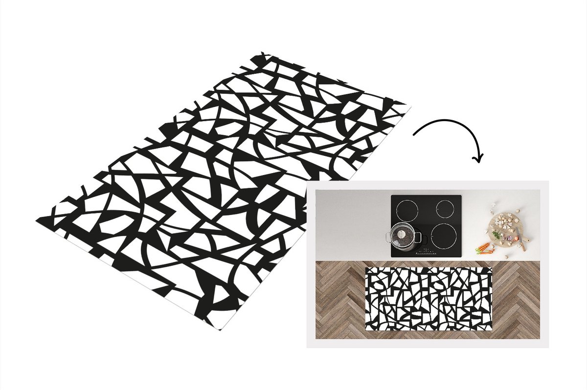 KitchenYeah Keukenloper - Loper keuken - Patronen - Geometrisch - Wit - Zwart - 120x60 cm - Keukenloper vinyl Multicolor