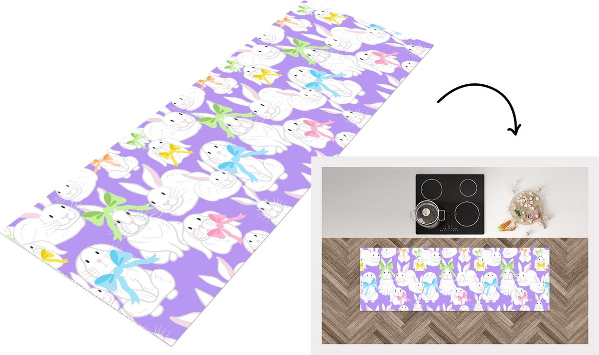 KitchenYeah Keukenloper - Loper keuken - Patronen - Konijn - Paars - Lente - 180x60 cm - Keukenloper vinyl Multicolor