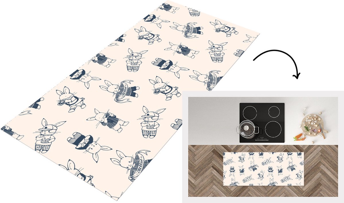 KitchenYeah Keukenloper - Loper keuken - Konijnen - Vintage - Patronen - 120x50 cm - Keukenloper vinyl Multicolor