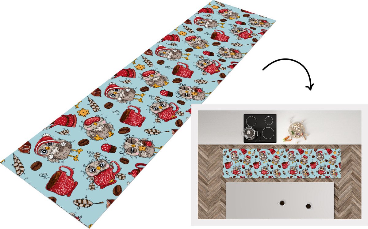 KitchenYeah Keukenloper - Loper keuken - Patronen - Uil - Ontbijt - 240x60 cm - Keukenloper vinyl Multicolor