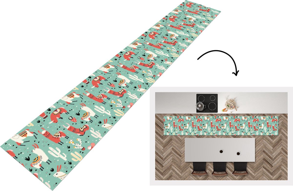KitchenYeah Keukenloper - Loper keuken - Lama - Patronen - Cactus - 300x50 cm - Keukenloper vinyl Multicolor