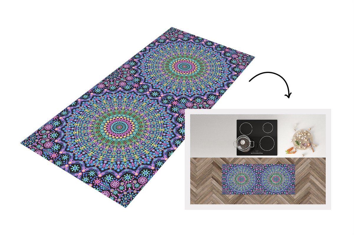 KitchenYeah Keukenloper - Loper keuken - Mandala - Hippie - Regenboog - Neon - Patronen - 120x50 cm - Keukenloper vinyl Multicolor