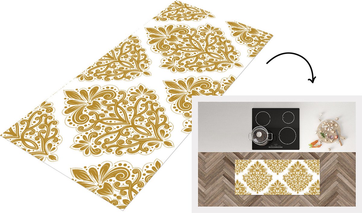 KitchenYeah Keukenloper - Loper keuken - Vintage - Bloemen - Goud - Patronen - 120x50 cm - Keukenloper vinyl Multicolor
