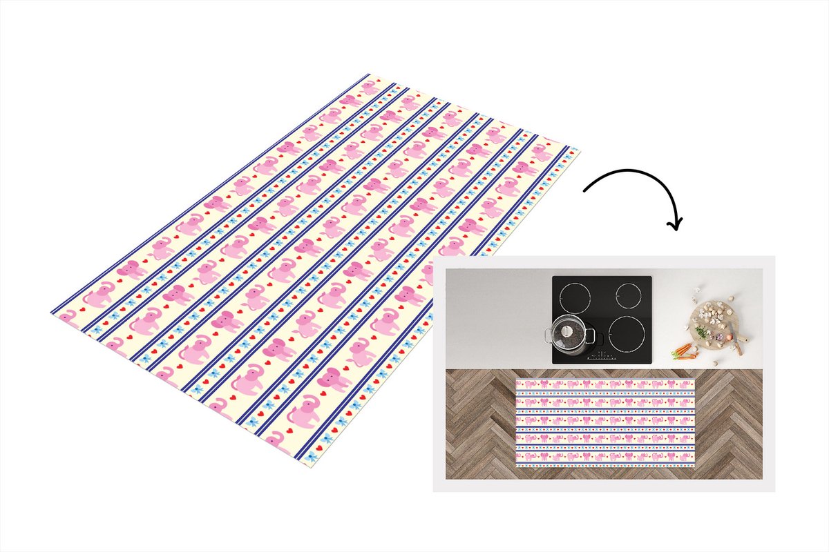 KitchenYeah Keukenloper - Loper keuken - Roze - Olifant - Lijn - Design - 120x60 cm - Keukenloper vinyl Multicolor