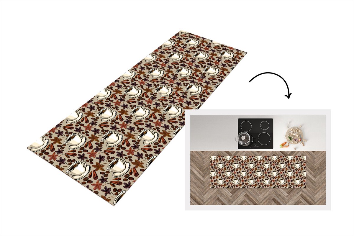 KitchenYeah Keukenloper - Loper keuken - Koffie - Kaneel - Patronen - 150x50 cm - Keukenloper vinyl Multicolor