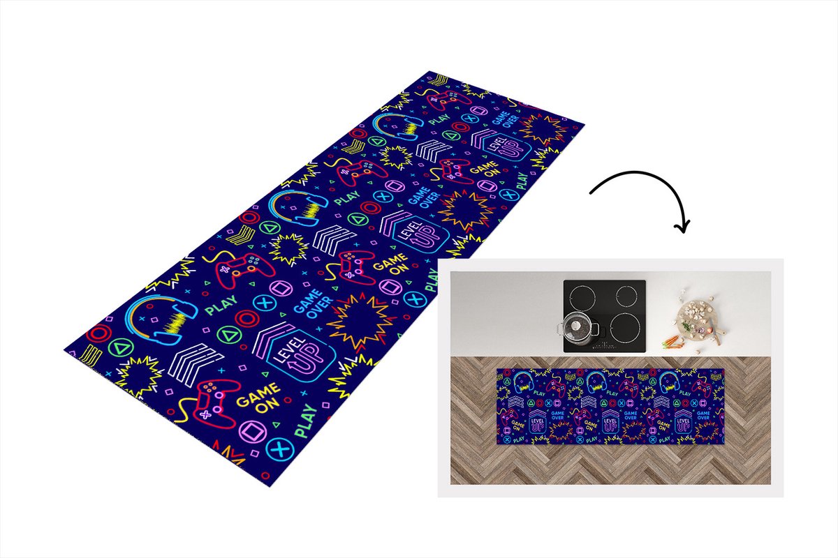 KitchenYeah Keukenloper - Loper keuken - Gaming - Neon - Koptelefoon - Design - 150x50 cm - Keukenloper vinyl Multicolor
