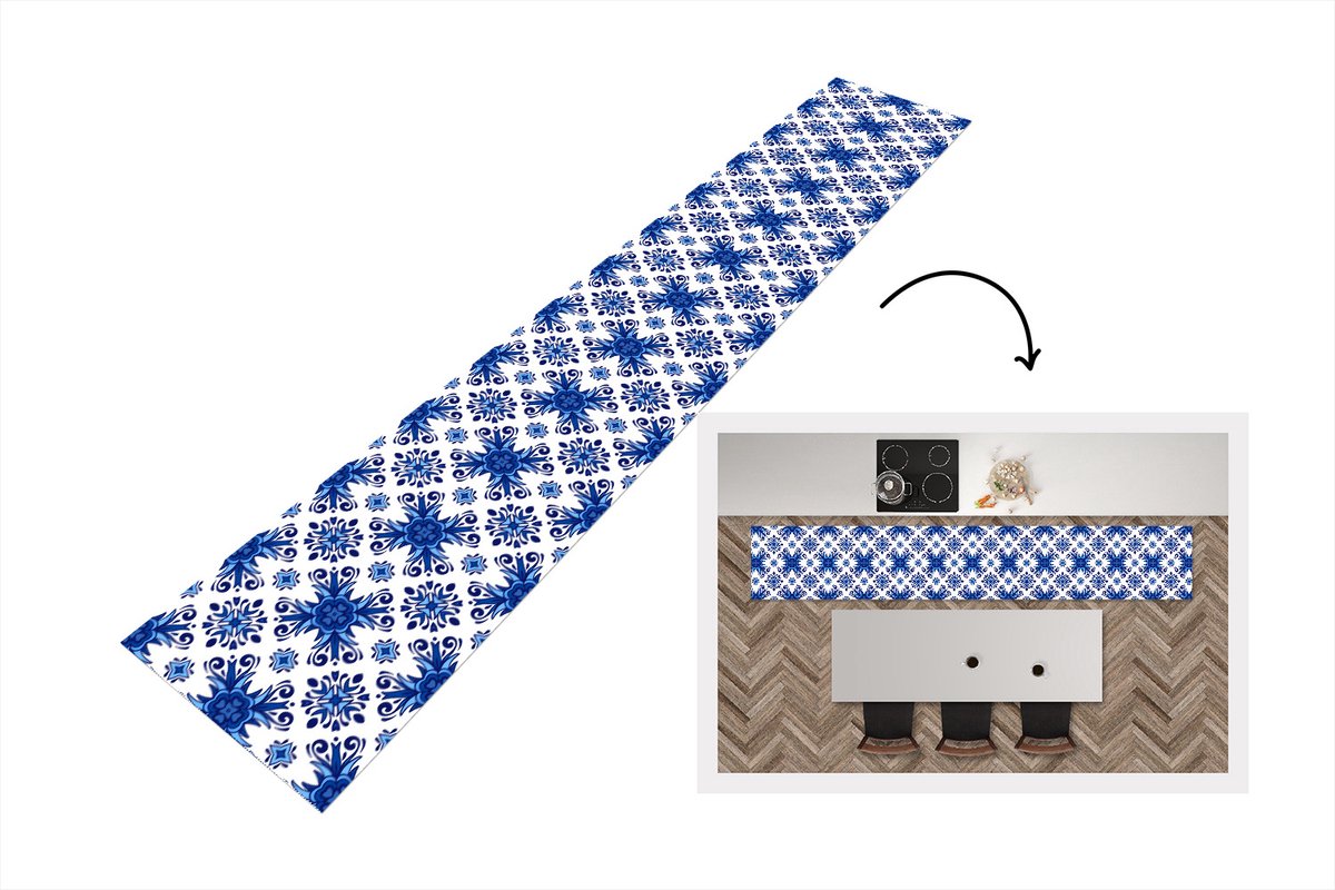 KitchenYeah Keukenloper - Loper keuken - Tegel - Bloem - Blauw - Patroon - 300x50 cm - Keukenloper vinyl Multicolor