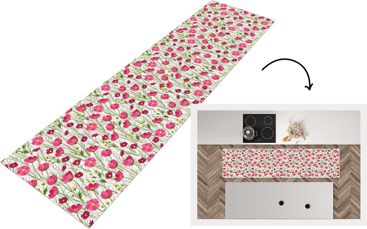 KitchenYeah Keukenloper - Loper keuken - Bloemen - Patronen - Gras - Klaproos - 240x60 cm - Keukenloper vinyl Multicolor