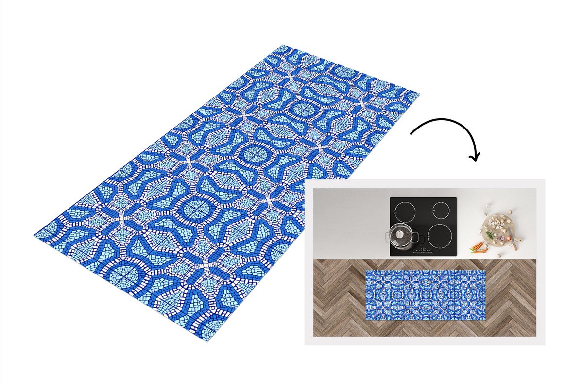 KitchenYeah Keukenloper - Loper keuken - Mozaïek - Blauw - Design - 120x50 cm - Keukenloper vinyl Multicolor