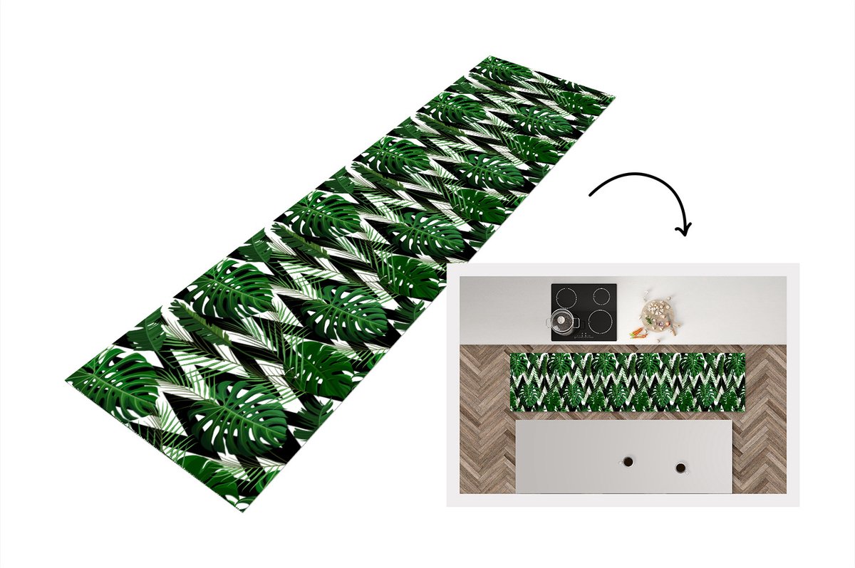 KitchenYeah Keukenloper - Loper keuken - Monstera - Zwart Wit - Patronen - 200x50 cm - Keukenloper vinyl Zwart; Wit