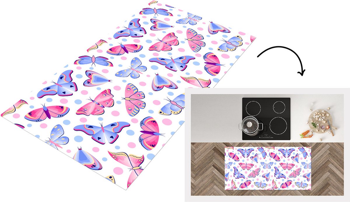 KitchenYeah Keukenloper - Loper keuken - Vlinders - Stippen - Patronen - 120x60 cm - Keukenloper vinyl Multicolor
