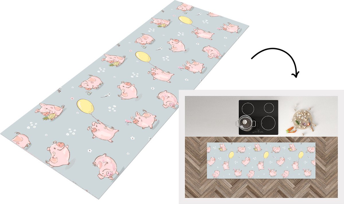 KitchenYeah Keukenloper - Loper keuken - Patronen - Varkens - Ballonnen - 180x60 cm - Keukenloper vinyl Multicolor