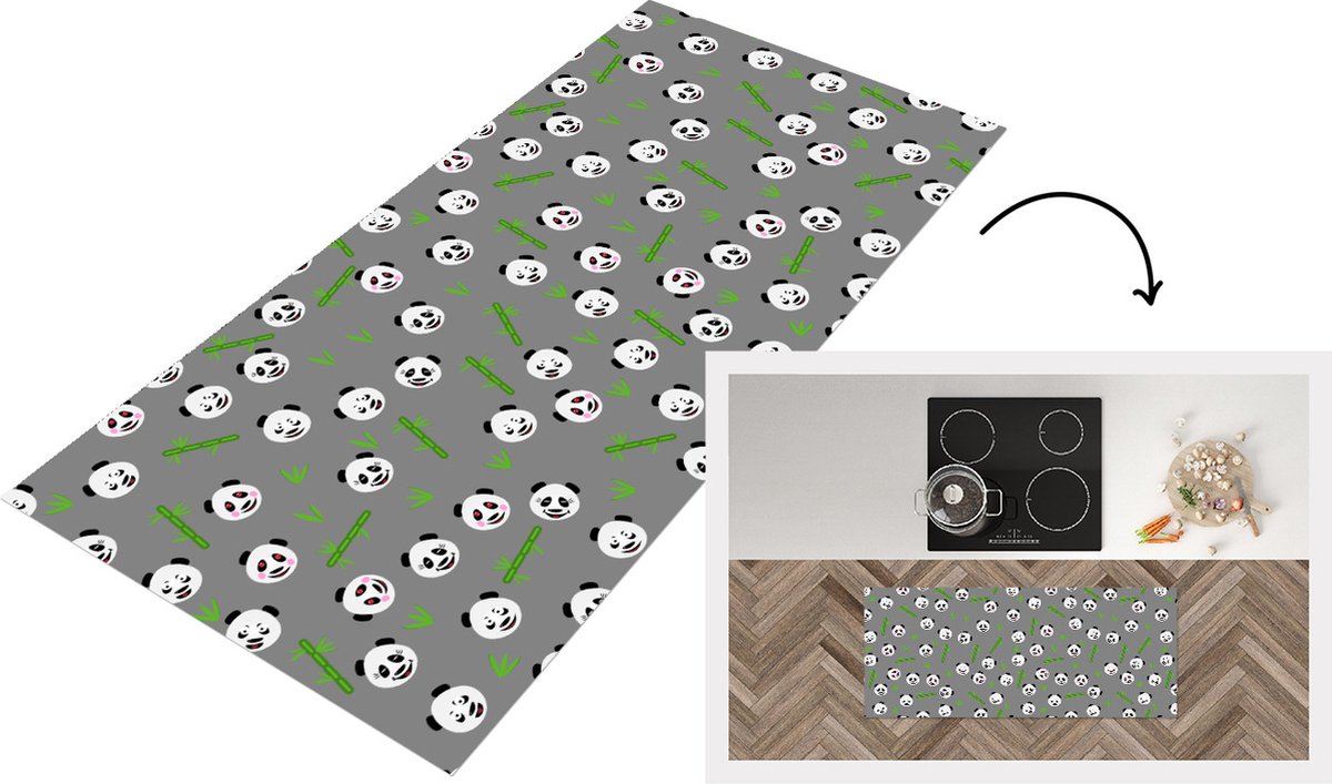 KitchenYeah Keukenloper - Loper keuken - Panda - Bamboe - Design - 120x50 cm - Keukenloper vinyl Multicolor