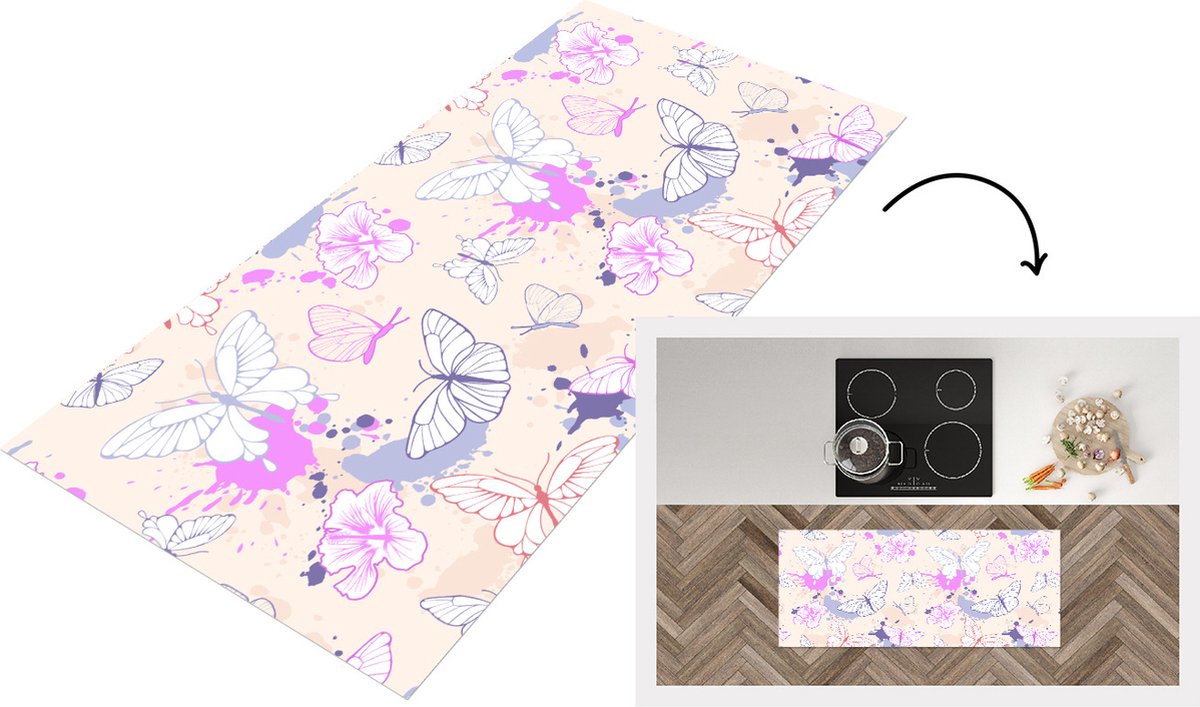 KitchenYeah Keukenloper - Loper keuken - Vlinder - Patronen - Bloemen - 120x50 cm - Keukenloper vinyl Multicolor