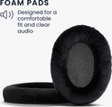 Zwarte fluwelen schuimkussens voor over-ear koptelefoons, ontworpen voor een comfortabele pasvorm en helder geluid.
