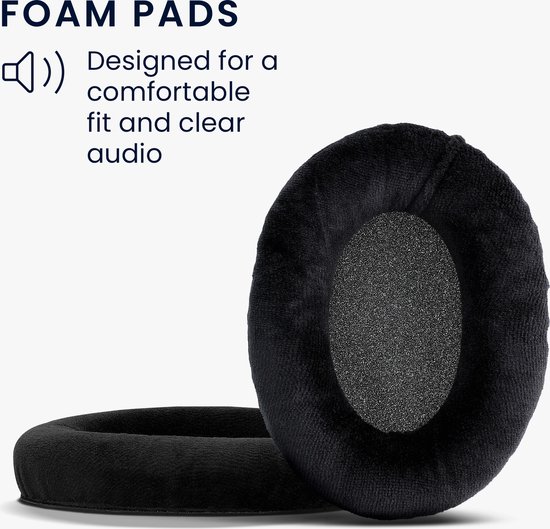Zwarte fluwelen schuimkussens voor over-ear koptelefoons, ontworpen voor een comfortabele pasvorm en helder geluid.