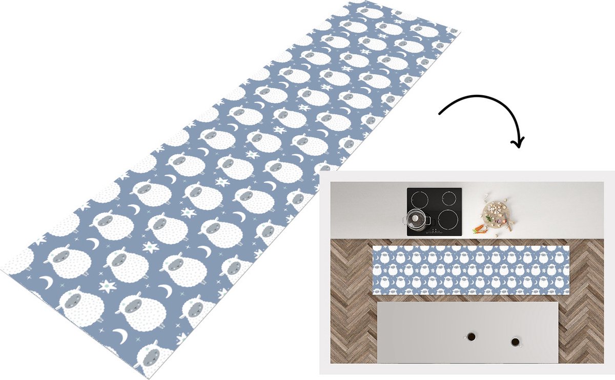 KitchenYeah Keukenloper - Loper keuken - Schapen - Nacht - Maan - Patronen - 200x50 cm - Keukenloper vinyl Multicolor