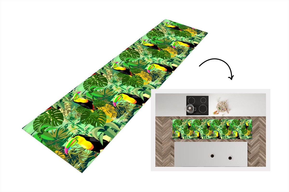 KitchenYeah Keukenloper - Loper keuken - Vogel - Patronen - Jungle - 240x60 cm - Keukenloper vinyl Multicolor