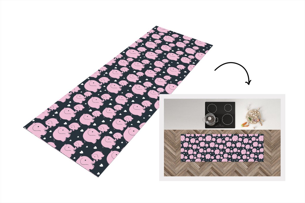 KitchenYeah Keukenloper - Loper keuken - Olifant - Hart - Patroon - 180x60 cm - Keukenloper vinyl Multicolor