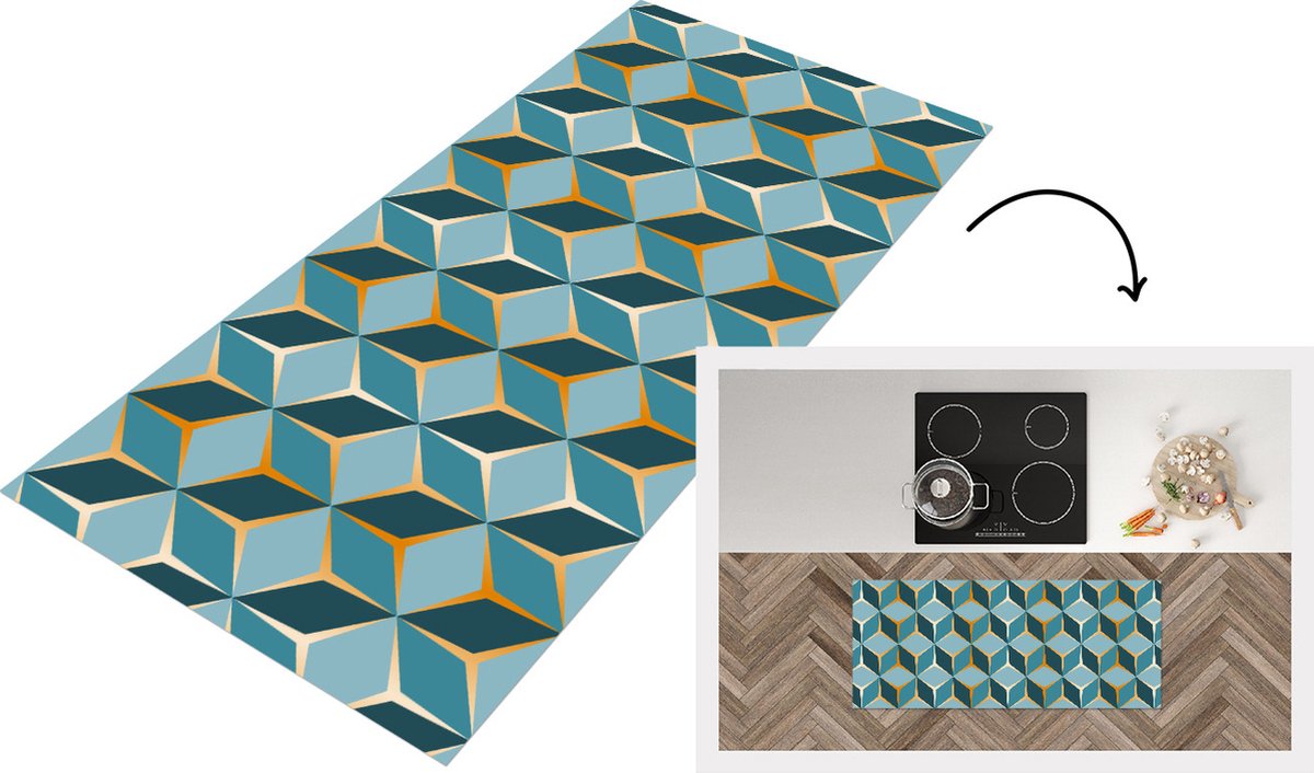 KitchenYeah Keukenloper - Loper keuken - Goud - Blauw - Patroon - Keukenloper vinyl Multicolor