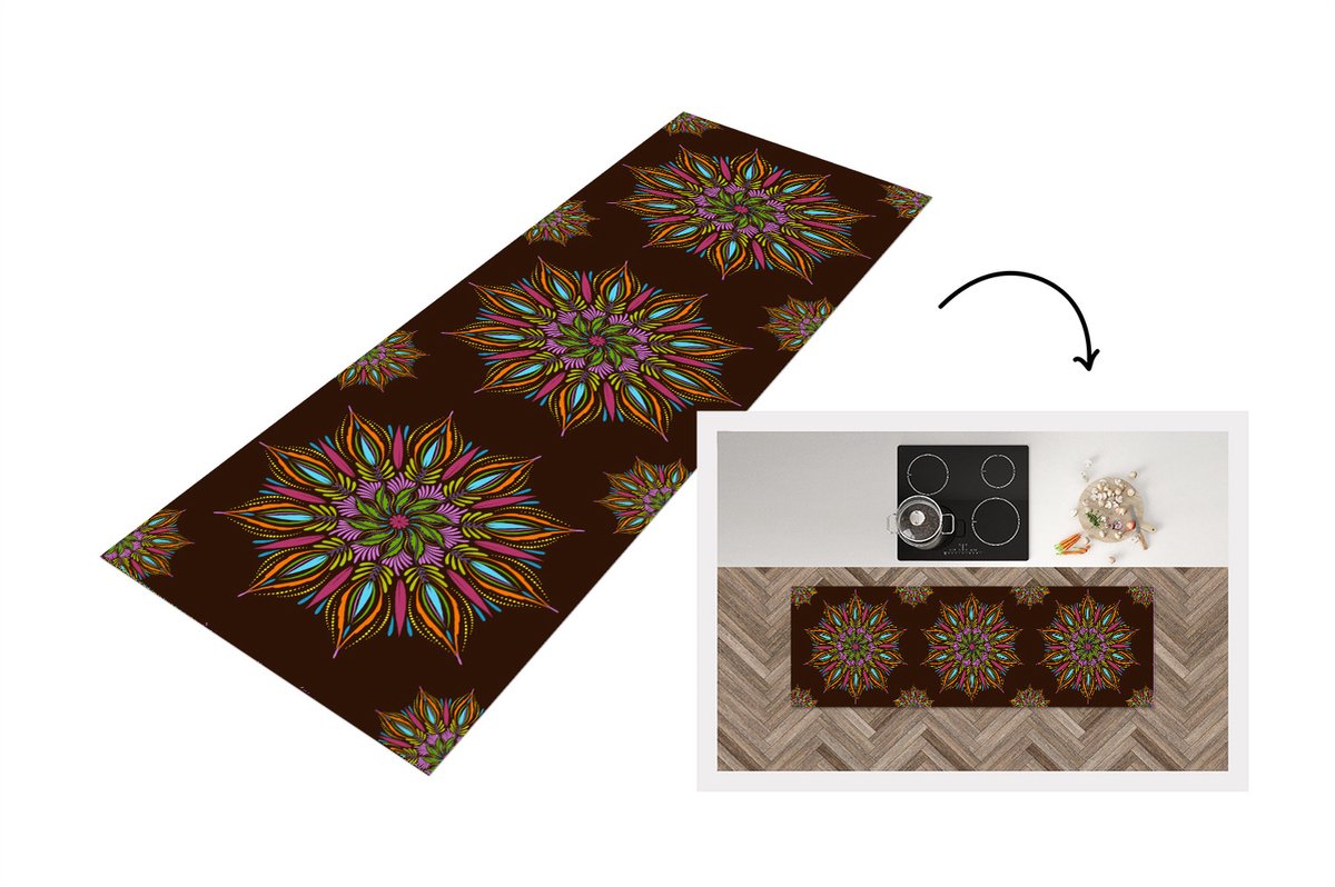 KitchenYeah Keukenloper - Loper keuken - Mandala - Design - Bohemian - 180x60 cm - Keukenloper vinyl Multicolor