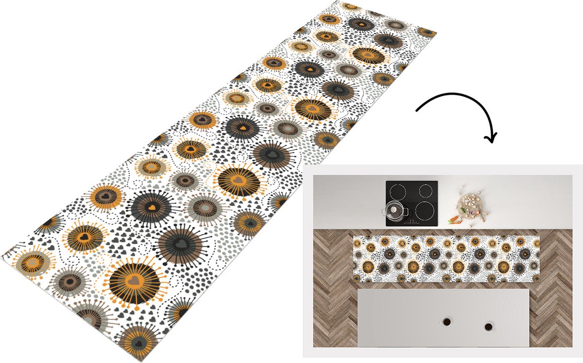 KitchenYeah Keukenloper - Loper keuken - Hart - Jaren 50 - Patroon - 200x50 cm - Keukenloper vinyl Multicolor