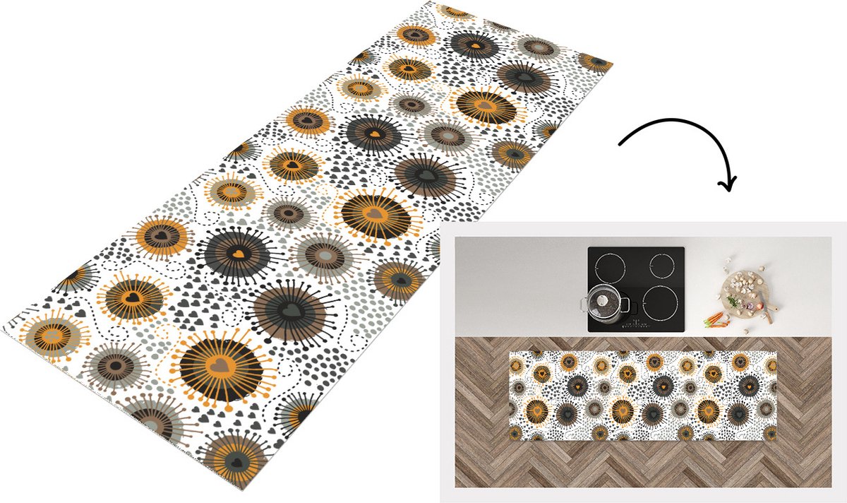 KitchenYeah Keukenloper - Loper keuken - Hart - Jaren 50 - Patroon - 150x50 cm - Keukenloper vinyl Multicolor