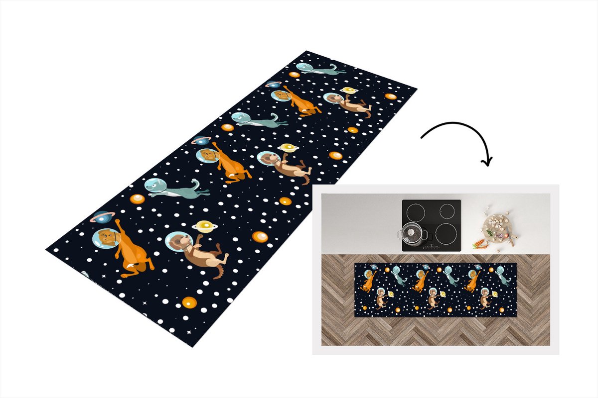 KitchenYeah Keukenloper - Loper keuken - Planeten - Hond - Patroon - 180x60 cm - Keukenloper vinyl Multicolor