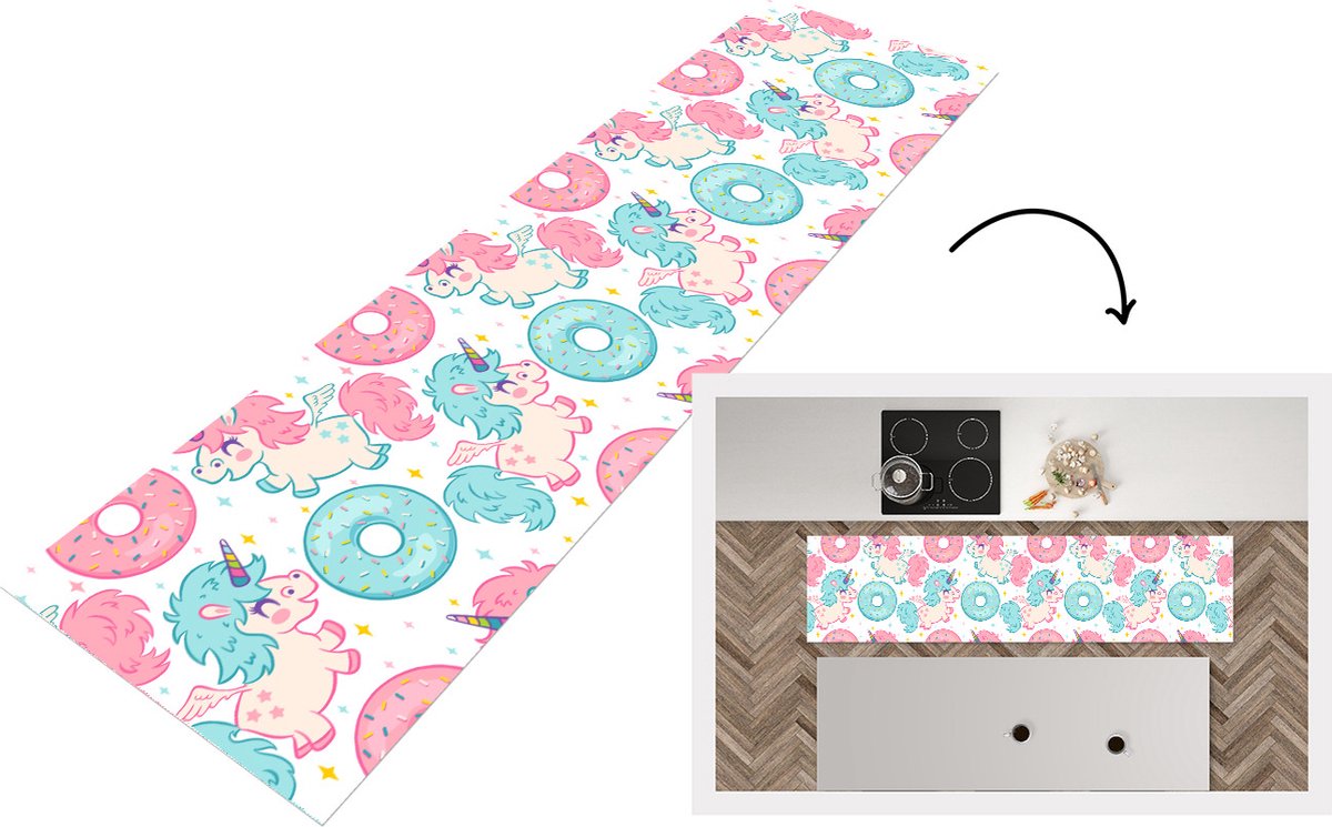 KitchenYeah Keukenloper - Loper keuken - Eenhoorn - Donut - Baby - 240x60 cm - Keukenloper vinyl Multicolor