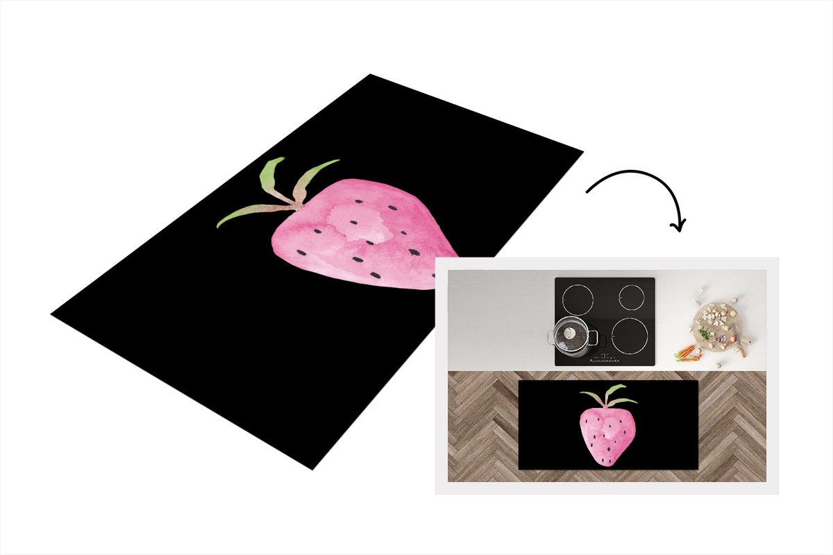 KitchenYeah Keukenloper - Loper keuken - Aardbei - Aquarelverf - Zwart - 120x60 cm - Keukenloper vinyl Multicolor