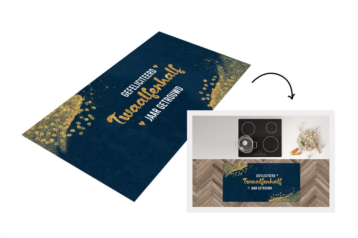 KitchenYeah Keukenloper - Loper keuken - Spreuken - Quotes - Gefeliciteerd twaalfenhalf jaar getrouwd - Goud - Trouwen - 120x60 cm - Keukenloper vinyl Multicolor