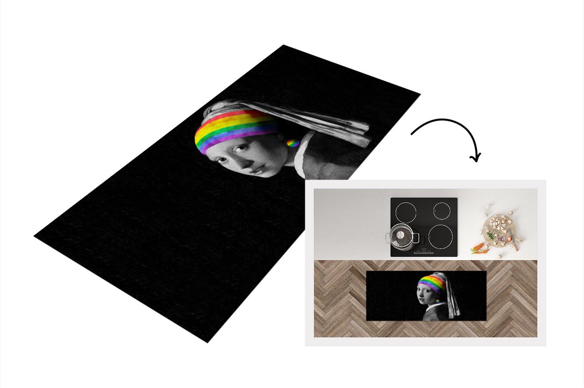 KitchenYeah Keukenloper - Loper keuken - Meisje met de parel - Pride - Regenboog - 120x50 cm - Keukenloper vinyl Multicolor