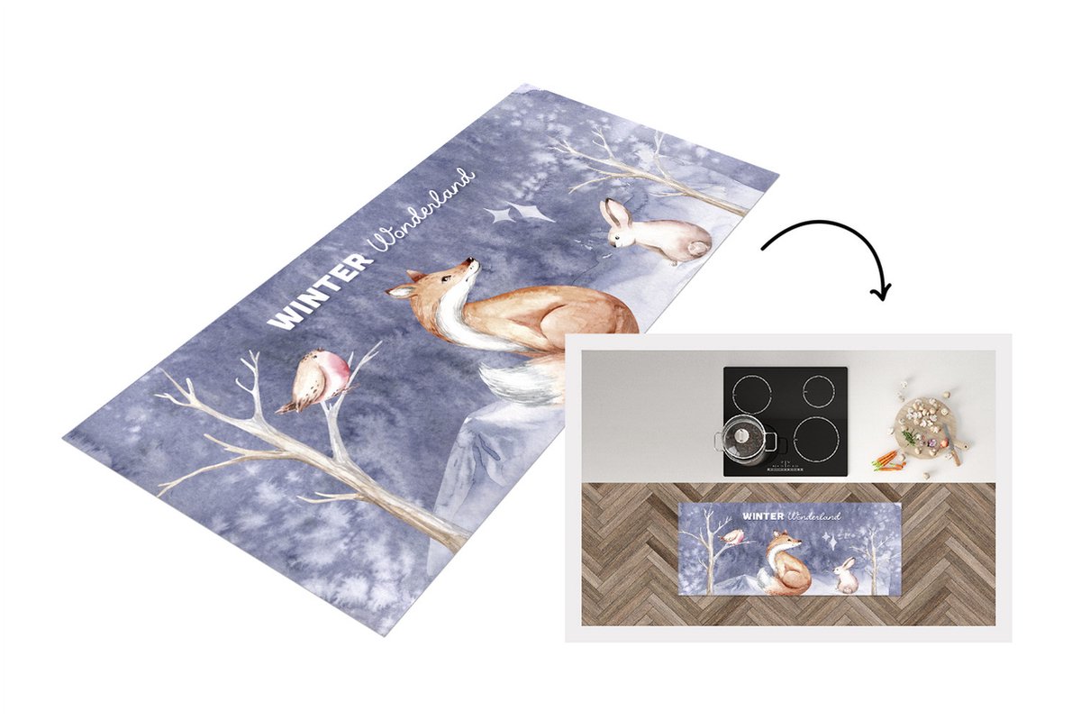 KitchenYeah Keukenloper - Loper keuken - Winter - Vos - Konijn - Vogel - 120x50 cm - Keukenloper vinyl Multicolor
