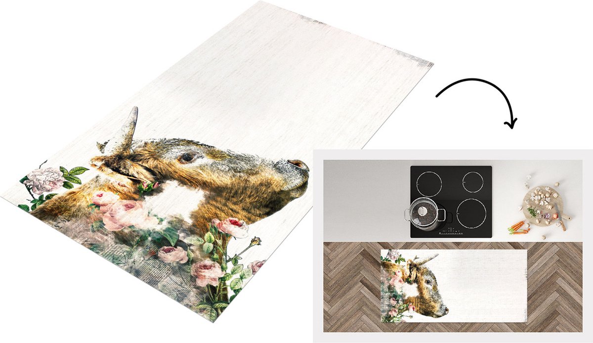 KitchenYeah Keukenloper - Loper keuken - Schotse hooglander - Waterverf - Bloemen - 120x60 cm - Keukenloper vinyl Multicolor