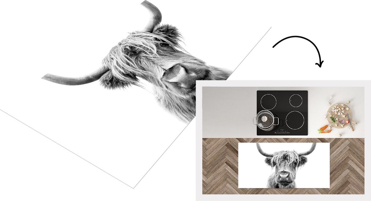 KitchenYeah Keukenloper - Loper keuken - Schotse hooglander - Stier - Dieren - Zwart - Wit - 120x60 cm - Keukenloper vinyl Multicolor