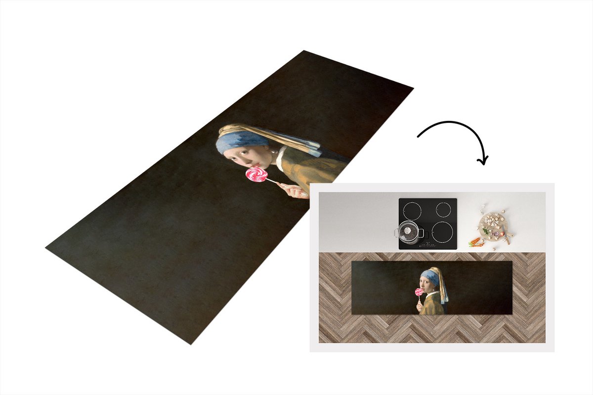 KitchenYeah Keukenloper - Loper keuken - Meisje met de parel - Snoep - Johannes Vermeer - 150x50 cm - Keukenloper vinyl Multicolor