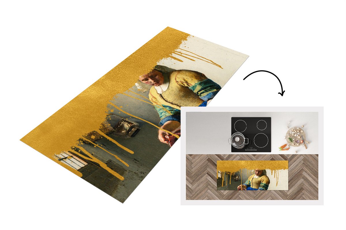 KitchenYeah Keukenloper - Loper keuken - Melkmeisje - Goud- Vermeer - 120x50 cm - Keukenloper vinyl Multicolor