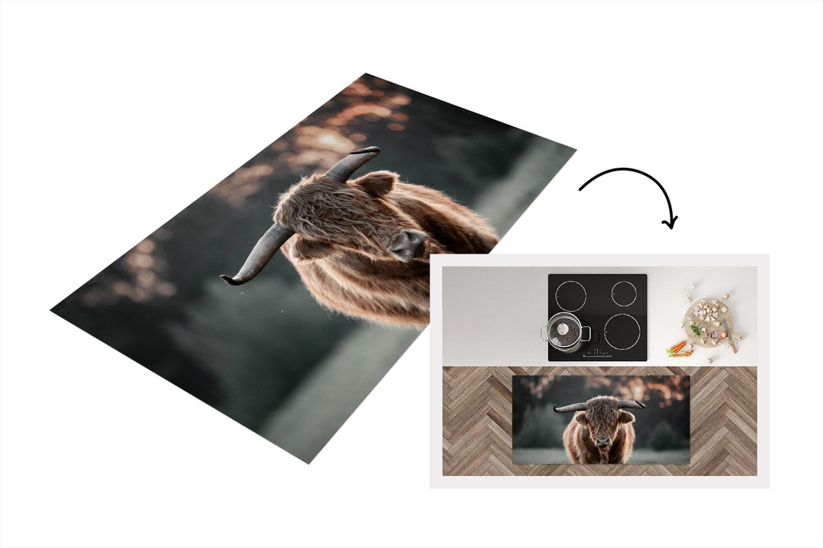 KitchenYeah Keukenloper - Loper keuken - Schotse hooglander - Dier - Zonsondergang - 120x60 cm - Keukenloper vinyl Multicolor