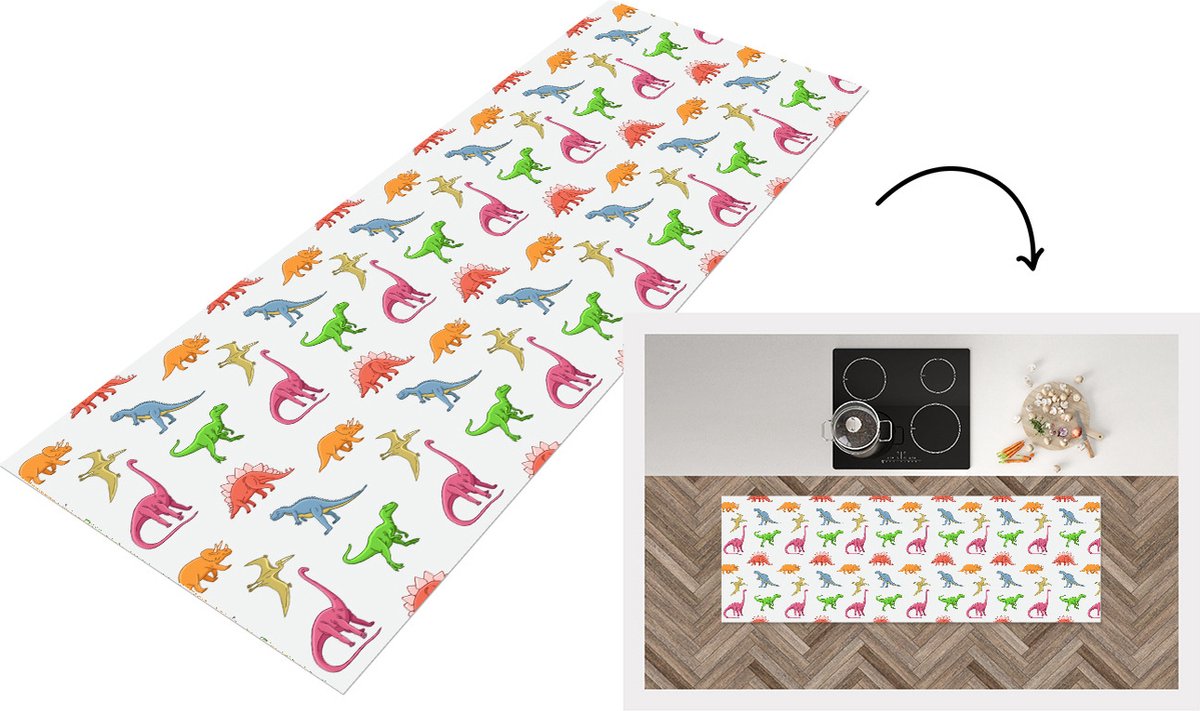KitchenYeah Keukenloper - Loper keuken - Patronen - Dino - Kinderen - 180x60 cm - Keukenloper vinyl Multicolor