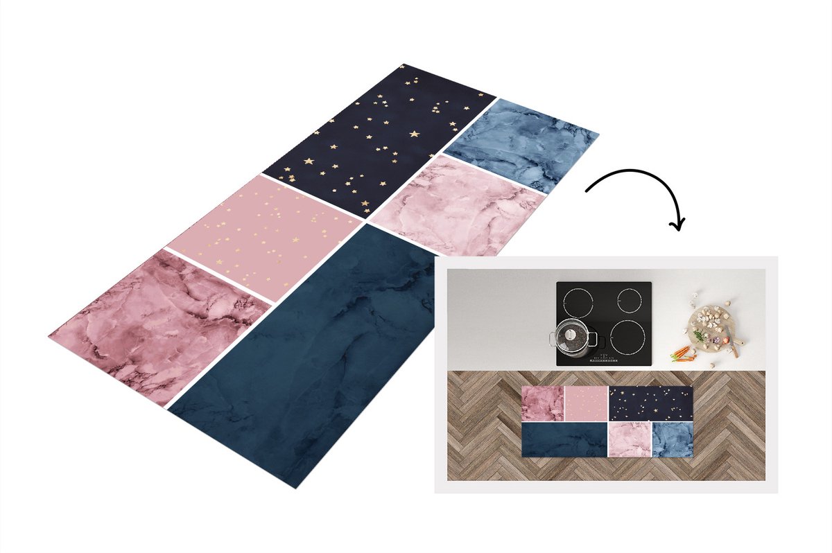 KitchenYeah Keukenloper - Loper keuken - Marmer - Structuur - Collage - 120x50 cm - Keukenloper vinyl Multicolor