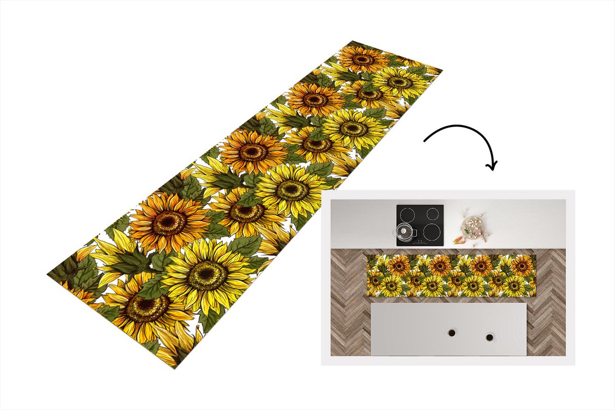 KitchenYeah Keukenloper - Loper keuken - Zonnebloem - Vintage - Design - 200x50 cm - Keukenloper vinyl Multicolor