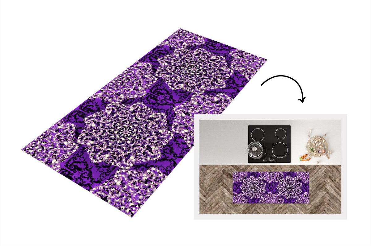 KitchenYeah Keukenloper - Loper keuken - Roos - Paars - Patronen - Barok - 120x50 cm - Keukenloper vinyl Multicolor