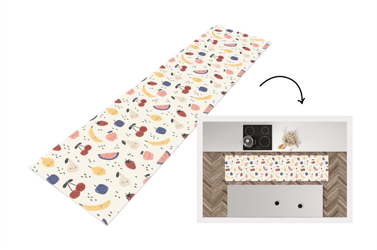 KitchenYeah Keukenloper - Loper keuken - Design - Fruit - Kawaii - Patronen - 200x50 cm - Keukenloper vinyl Multicolor