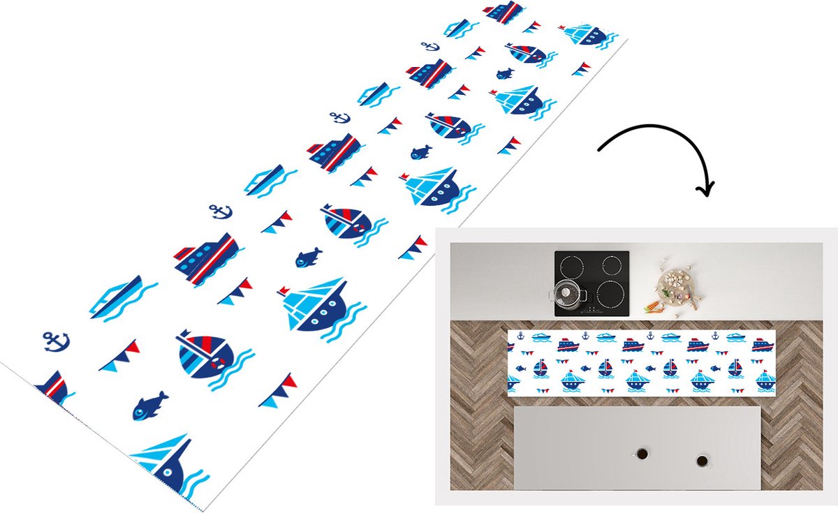 KitchenYeah Keukenloper - Loper keuken - Boot - Blauw - Rood - Jongen - Patroon - 240x60 cm - Keukenloper vinyl Multicolor