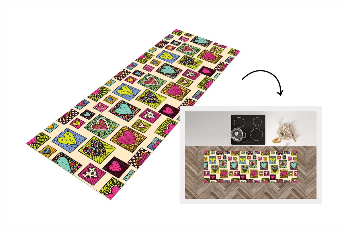 KitchenYeah Keukenloper - Loper keuken - Bohemian - Hartjes - Doodle - Patronen - 150x50 cm - Keukenloper vinyl Multicolor