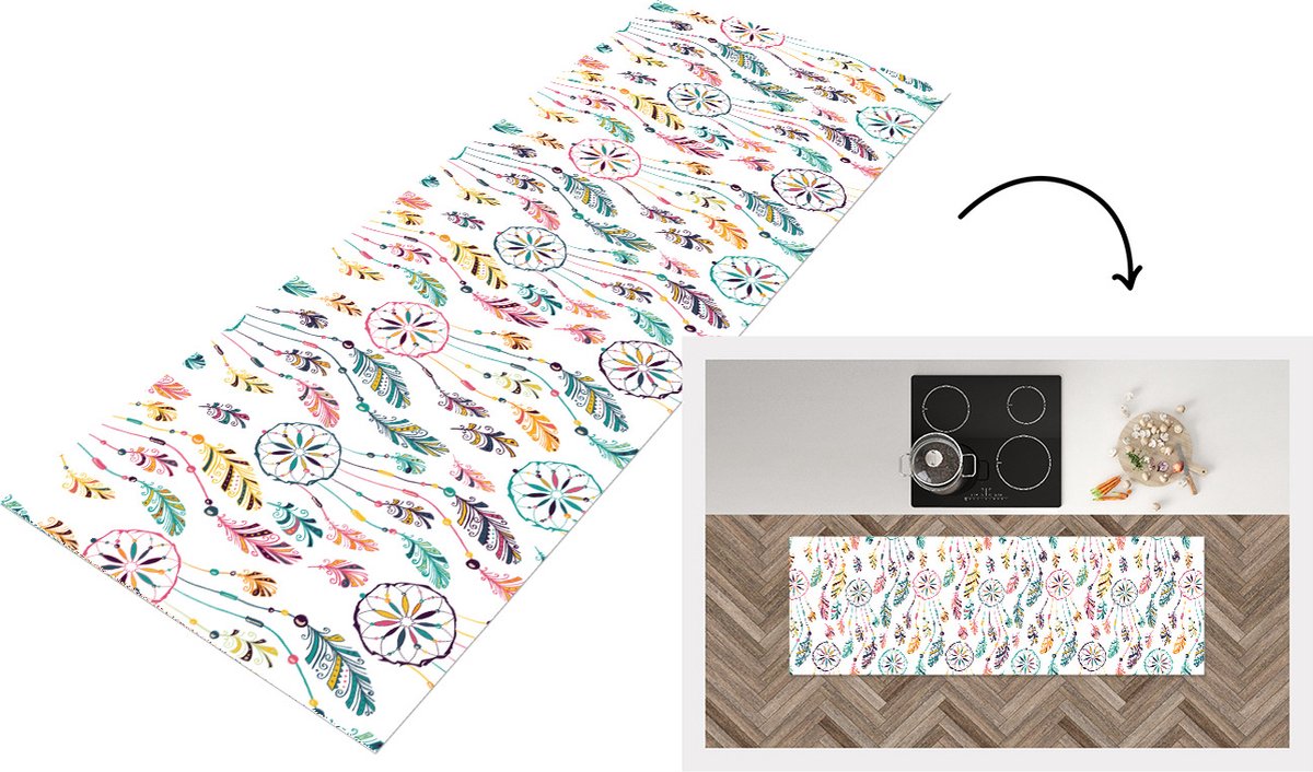Keukenloper - Loper keuken - Patroon - Dromenvanger - Veren - Pluimen - 150x50 cm - Keuken