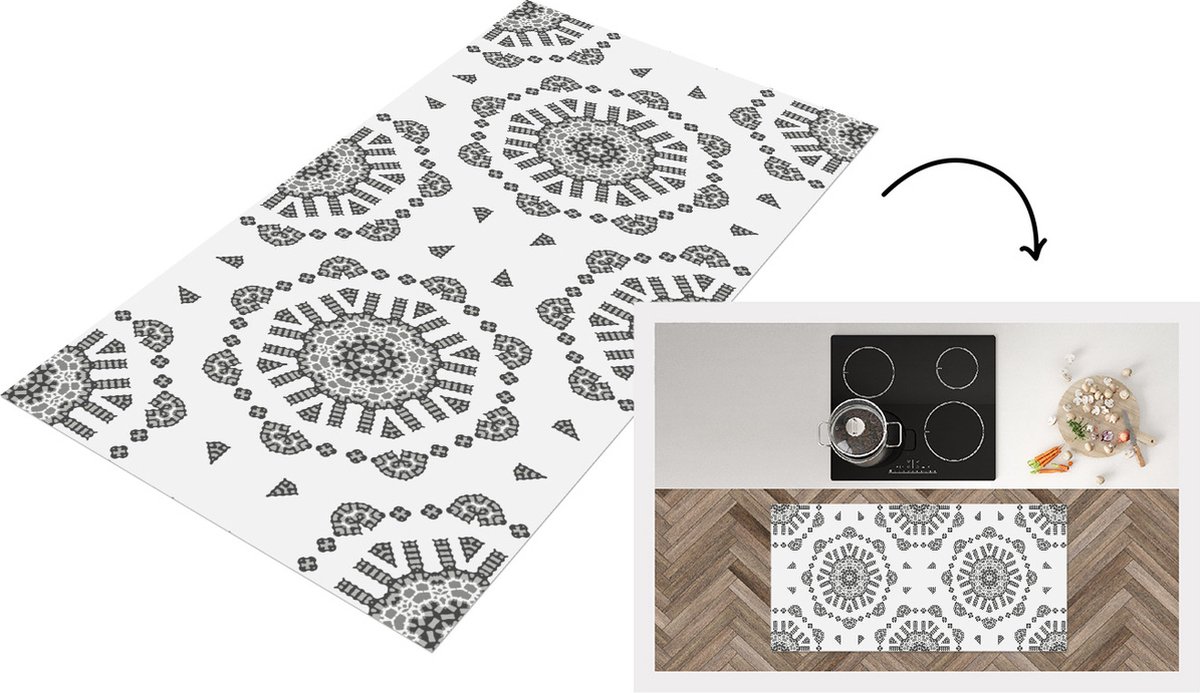 KitchenYeah Keukenloper - Loper keuken - Mandala - Patronen - Zwart Wit - 120x60 cm - Keukenloper vinyl Zwart; Wit