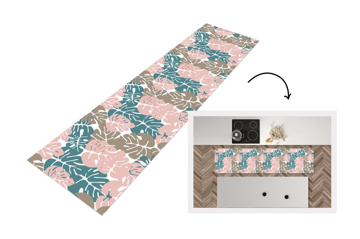 KitchenYeah Keukenloper - Loper keuken - Monstera - Jungle - Patronen - Pastel - Bladeren - 240x60 cm - Keukenloper vinyl Multicolor