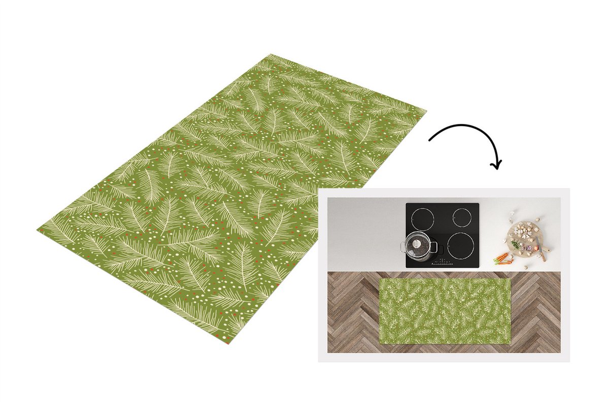 KitchenYeah Keukenloper - Loper keuken - Dennentak - Patronen - Kerst - Winter - 120x60 cm - Keukenloper vinyl Multicolor