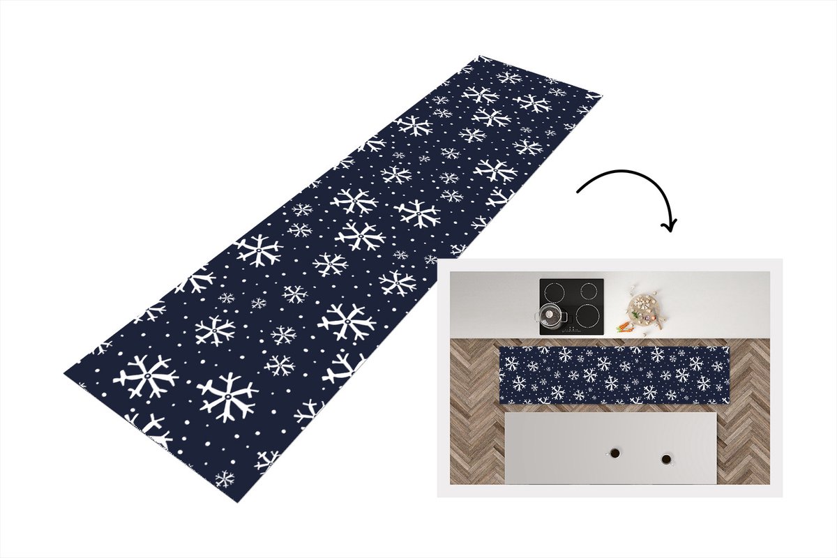 KitchenYeah Keukenloper - Loper keuken - Winter - Sneeuwvlok - Patronen - 200x50 cm - Keukenloper vinyl Multicolor